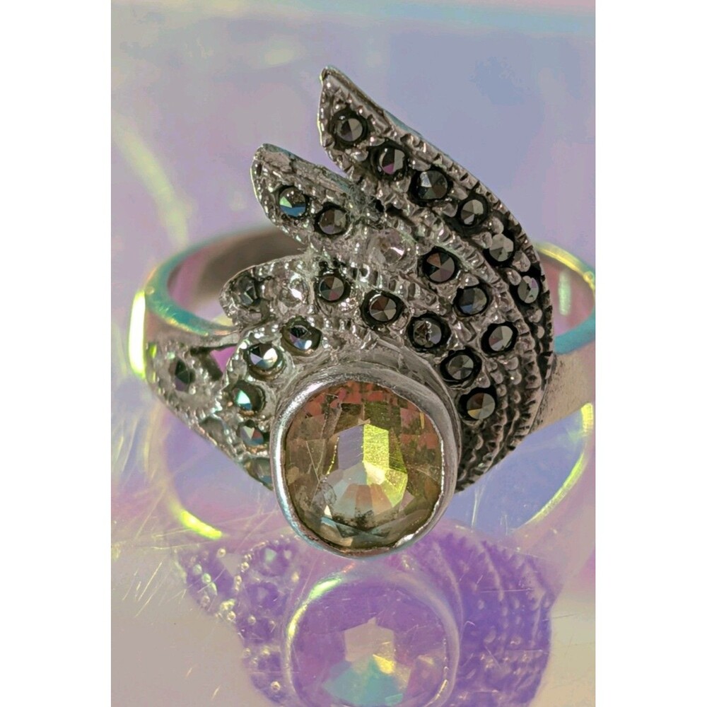 925 Sterling Silver Citrine Marcasite Ring Size 8 Art Deco Revival Vintage